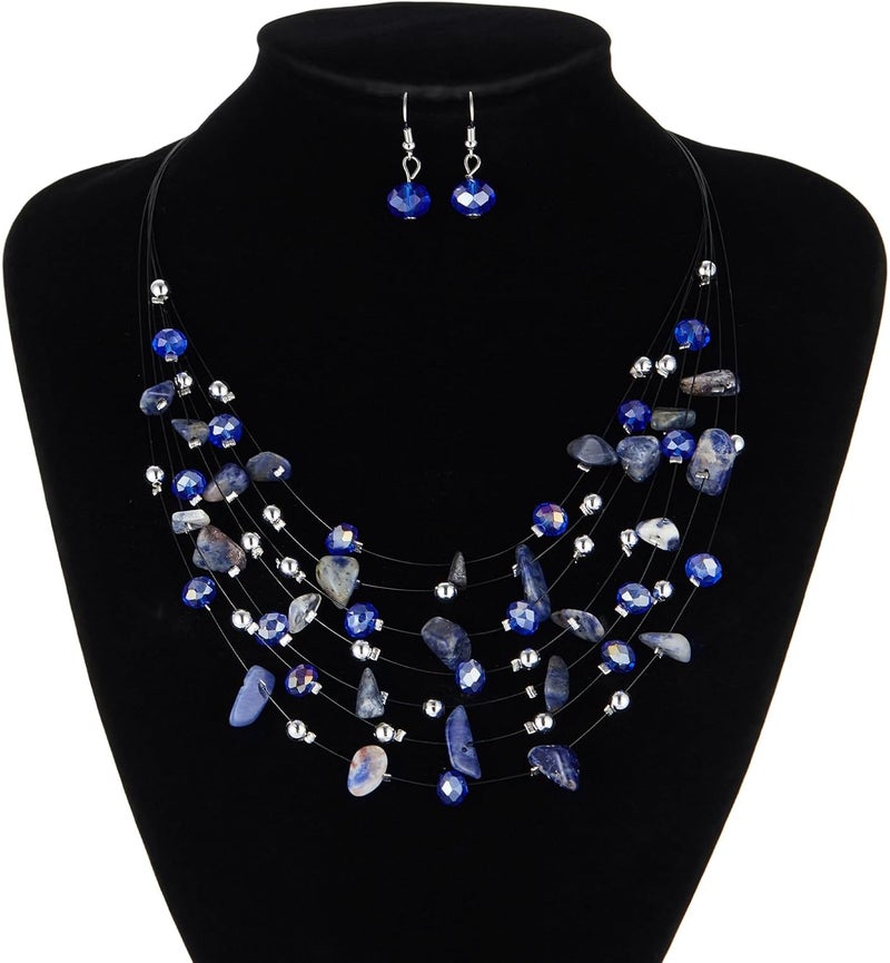 Errally Store Multi-Layer Boho Shell Beaded Necklace for Women Colorful Crystal Strand with Silver Beads Statement Collars Necklace and Earrings Costumes Jewelry Sets for Women - Image 4